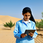 **

"A professional female environmental engineer in appropriate attire, fully clothed, inspecting a reforestation project in the Arabian desert. She is holding a tablet and observing young saplings. Background includes sand dunes and a clear blue sky. Safe for work, correct proportions, well-formed hands, professional, family-friendly."

**