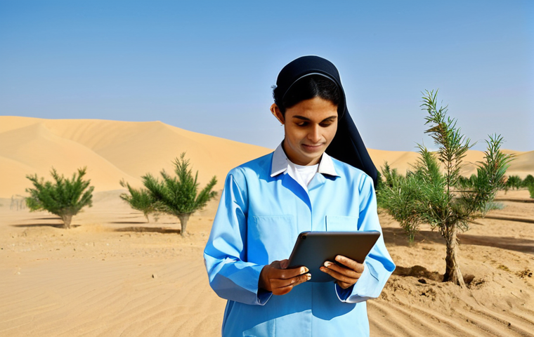 **

"A professional female environmental engineer in appropriate attire, fully clothed, inspecting a reforestation project in the Arabian desert. She is holding a tablet and observing young saplings. Background includes sand dunes and a clear blue sky. Safe for work, correct proportions, well-formed hands, professional, family-friendly."

**